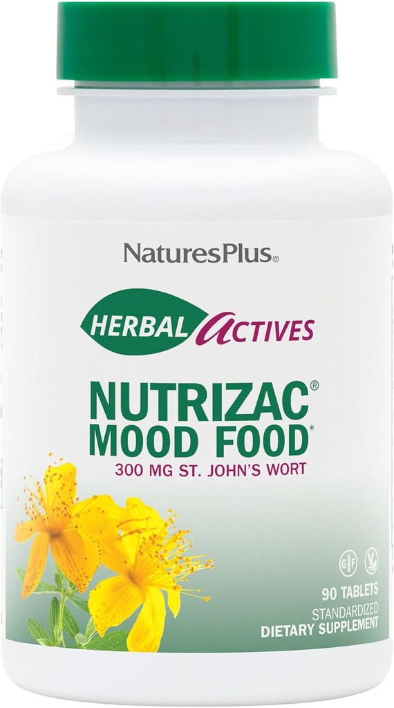 Natures Plus Kräuter-Aktive NutriZAC Mood Food - 300 mg St Johns Wort, 90 Vegan Bi-Layered Tablets - Maximale Potenz natürlicher Mood Booster - Vegetarisch, Glutenfrei - 90 Servierungen