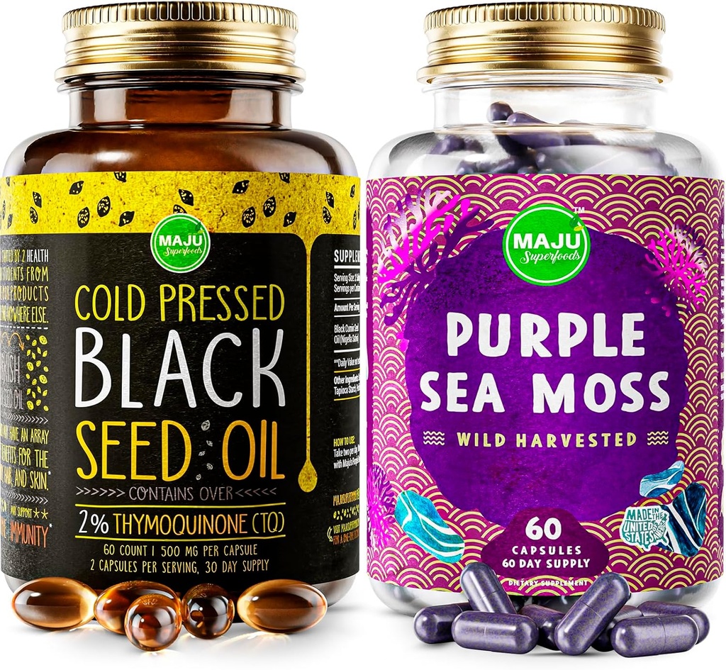 Maju Superfoods Black Seed Oil Kapseln und Purple Sea Moss Kapseln Bundle