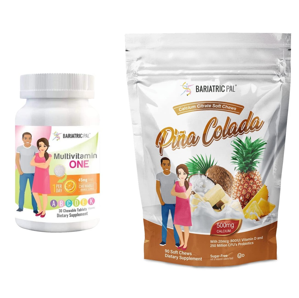 BariatricPal 30-Day Bariatric Vitamin Bundle (Multivitamin ONE 1 pro Tag! mit 45mg Eisen Chewable - Orange Citrus und Calcium Citrate Soft Chews 500mg mit Probiotics - Piña Colada)