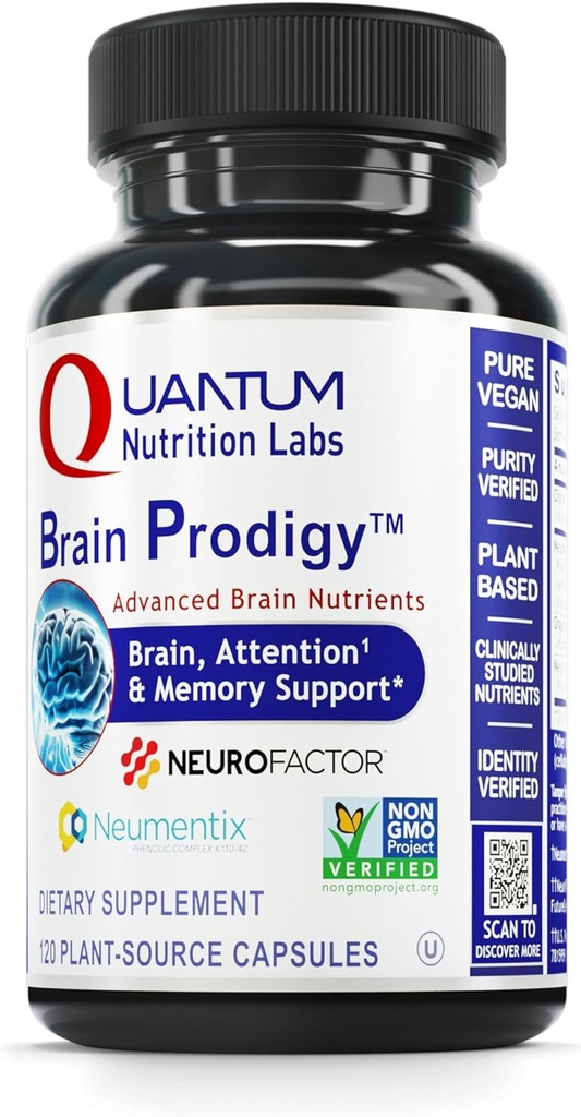 Quantum Nutrition Labs Brain Prodigy - Gehirn-Ergänzungen für Gedächtnis und Fokus, Fokus-Ergänzung, Vitamin für Konzentration und Gedächtnis Unterstützung für Erwachsene, für Männer und Frauen - 120 vegetarische Kapseln