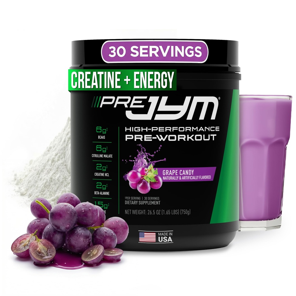 JYM Supplement Science Pre JYM Grape Candy Pre Workout Powder for Men & Women, BCAAs, Nootropics, Creatine HCI, Citrulline, Beta-Alanine, Betaine, Taurine, Huperzine, 30 Servietten