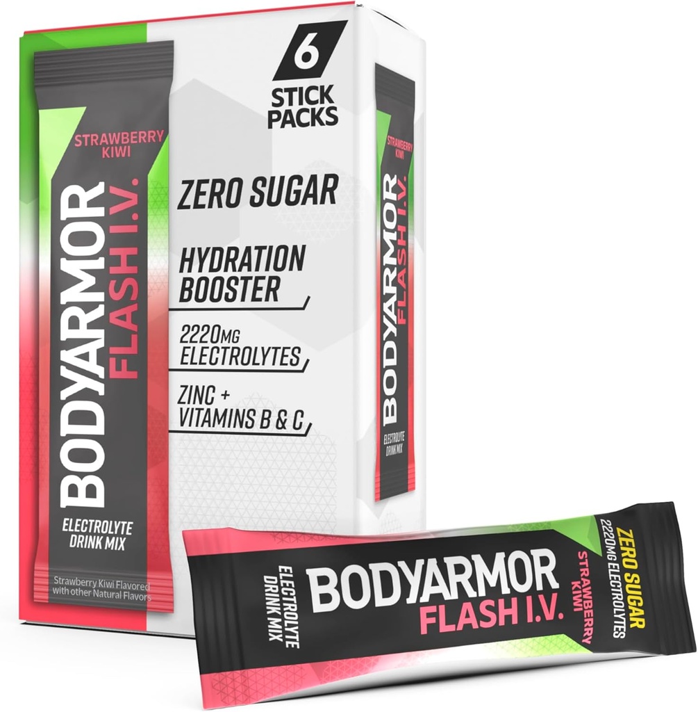 BODYARMOR Flash IV Elektrolytpackets, Erdbeer Kiwi - Zero Sugar Drink Mix, Single Serve Packs, Coconut Water Powder (6 Count)