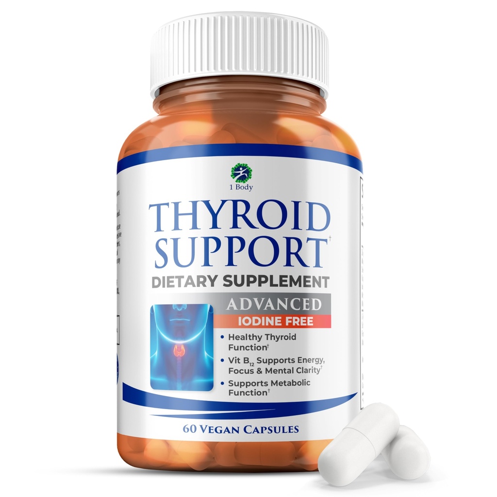 1 Body Thyroid Support Supplement, Iodine-Free, Vegan, mit L-Tyrosine und Ashwagandha, 60 Kapseln