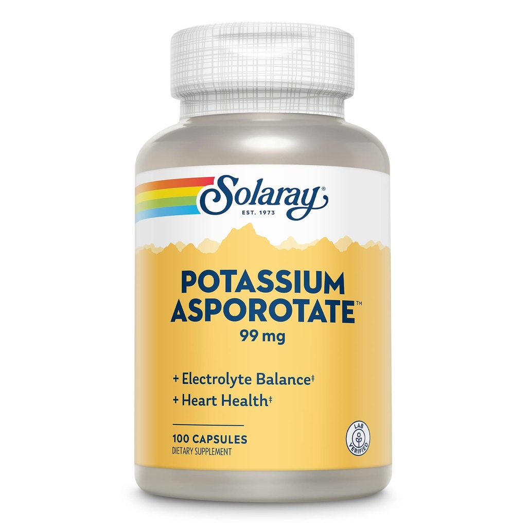 Solaray Potassium Asporotate Supplément chélaté, Electrolyte Balance & Heart Health Support, 100 portions, 100 capsules
