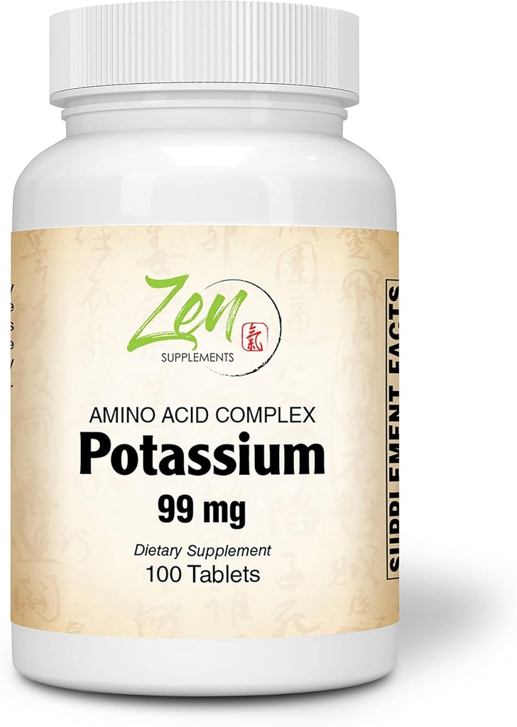 Suppléments Zen - Potassium 99 mg (Acide Amino) 100-Tabs - Formule d'équilibre des fluides et électrolytes - Soutien de la fonction cardiaque, nerveuse et musculaire