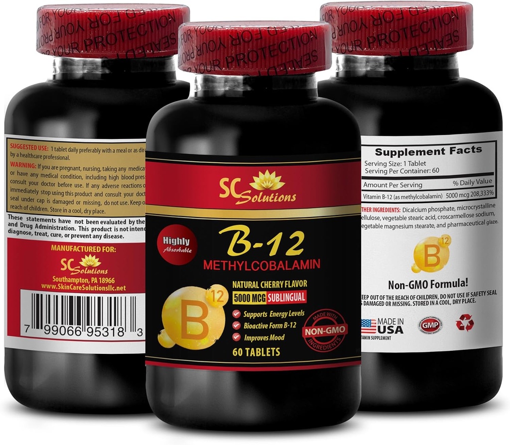 b12 avec de la méthylcobalamine - MÉTHYLCOBALAMIN VITAMIN B-12 5000 - vitamines anti-vieillissement pour les femmes, suppléments énergétiques en poudre, vitamines énergétiques pour les femmes de plus de 50 ans, endurance - 1 bouteille 60 Tabs