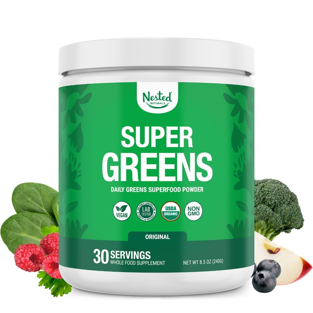 Nested Naturals Super Greens Daily Superfood Powder - Certifié USDA Bio Green Powder w/20+ aliments entiers, poudre de spiruline, blé et orge - Probiotiques, fibres et enzymes - Arôme original, 30