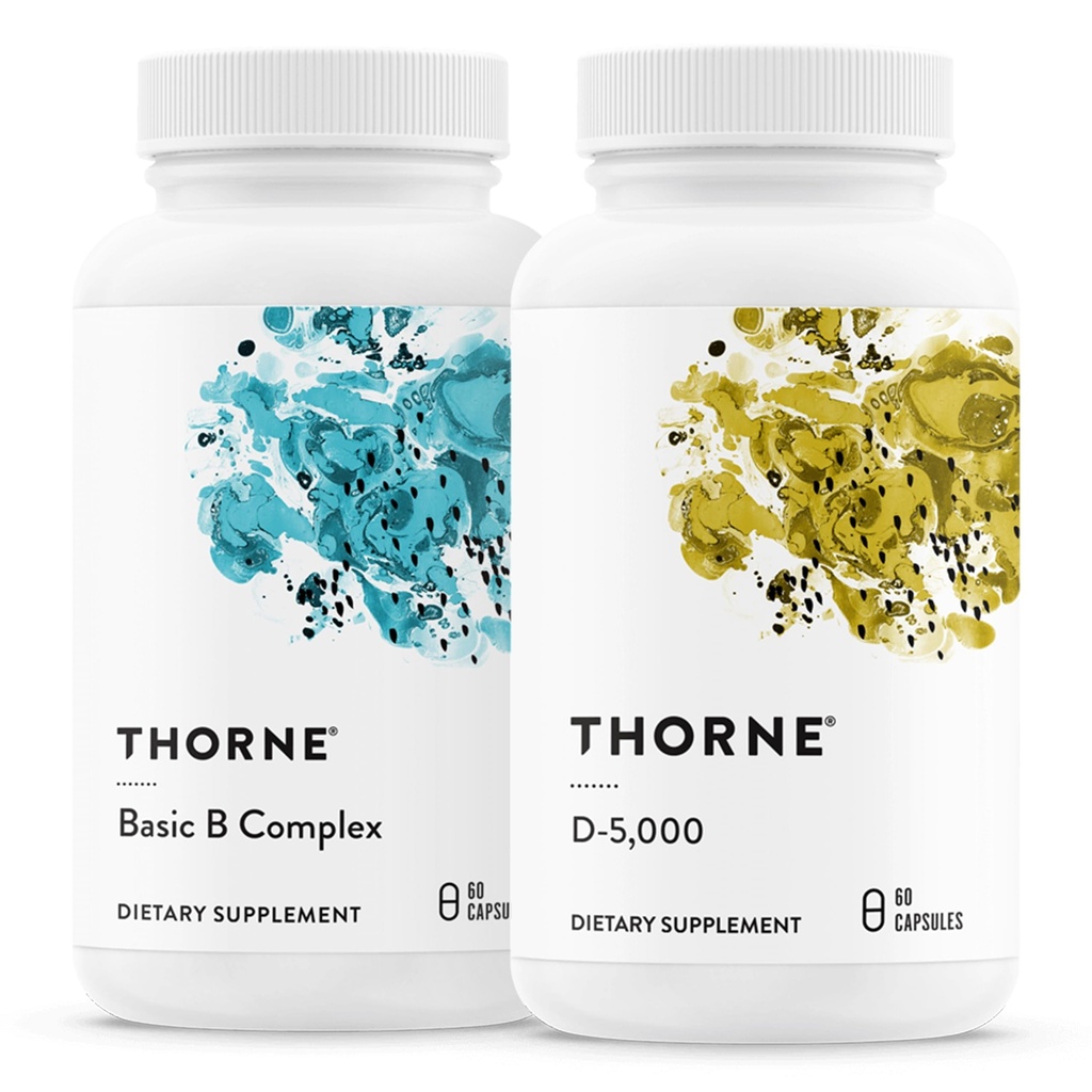 THORNE - Basic B Complex (60 Kapseln) & Vitamin D-5000 (60 Kapseln) Bundle - Unterstützt Cellular Energy Production, Brain Health & Healthy Bones - Gluten, Dairy & Soy-Free