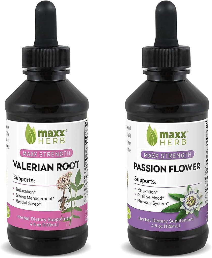Besser schlafen Bundle - Maxx Herb Passion Blumenextrakt + Valerian Root Extract - für Entspannung und Stressmanagement, Alkoholfrei - (1 Jede) 4 Oz Flasche (60 Servietten)