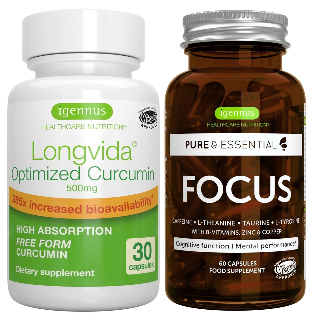 Longvida Lipidierte Curcumin 500mg + Fokus Brain Booster Vegan Bundle, Ultra Bioverfügbare Curcumin + Koffein, L-Theanin, Taurine & L-Tyrosine, B-Vitamine, Zink & Kupfer, von Igennus