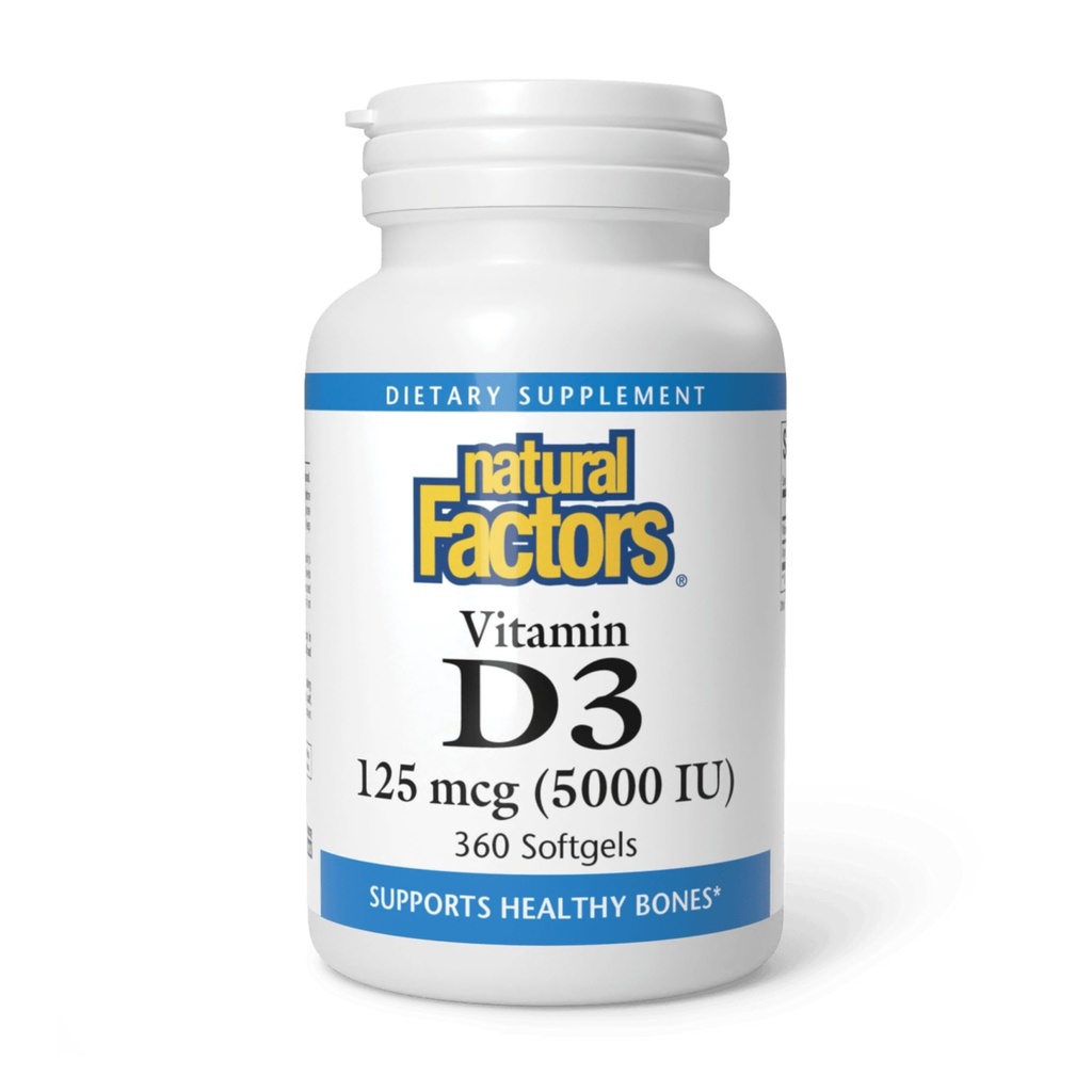 Natürliche Faktoren, Vitamin D3 5000 IU (125 mcg), unterstützt starke Knochen, Muskeln und Immunfunktion, 360 Softgels