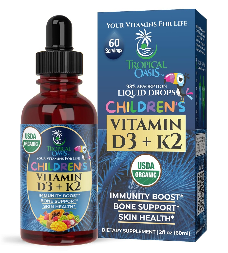 USDA Bio Vitamin D3 K2 Flüssige Tropfen | Vitamin D3 K2 Nahrungsergänzungsmittel für Kinder & Kleinkinder Alter 1+ | Kinderergänzungsmittel für Kalziumabsorption Starke Knochen | Vegan, Non-GMO | 2 Fl Oz