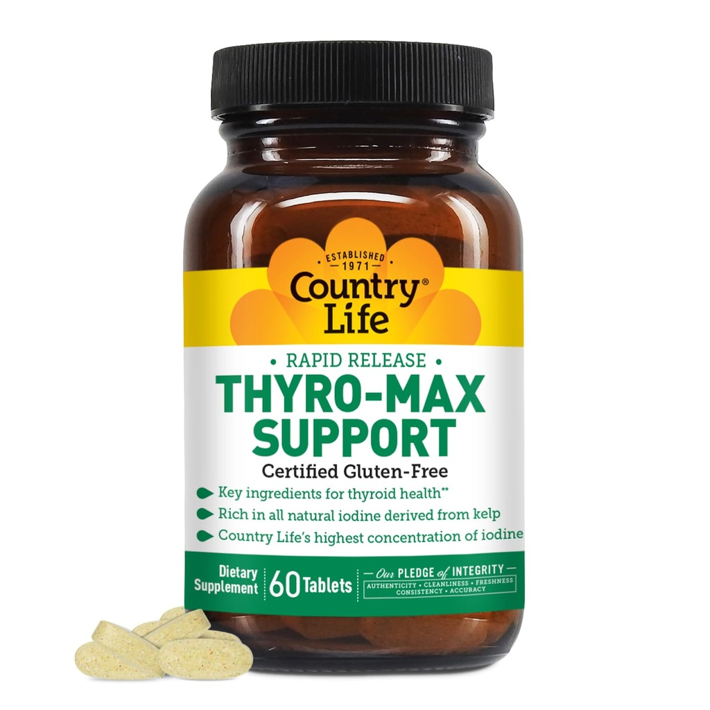 Country Life Thyro-Max Support - Kelp-Derived Iodine & L-Tyrosine Schilddrüse Ergänzung für Männer und Frauen - B Vitamine, Glutenfrei, Vegan, Kosher - 60 Kapseln
