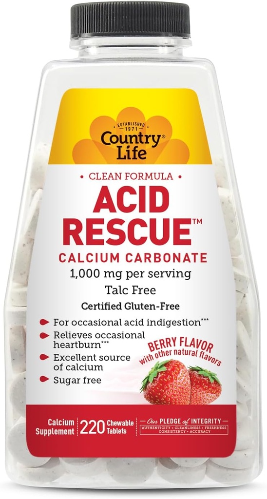 Country Life Acid Rescue Kautabletten - Certified Vegan & Gluten-Free Heartburn Relief, 400mg Calcium & Magnesium, Non-GMO, Sugar-Free Mint Flavor, unterstützt Knochengesundheit, 220 Count