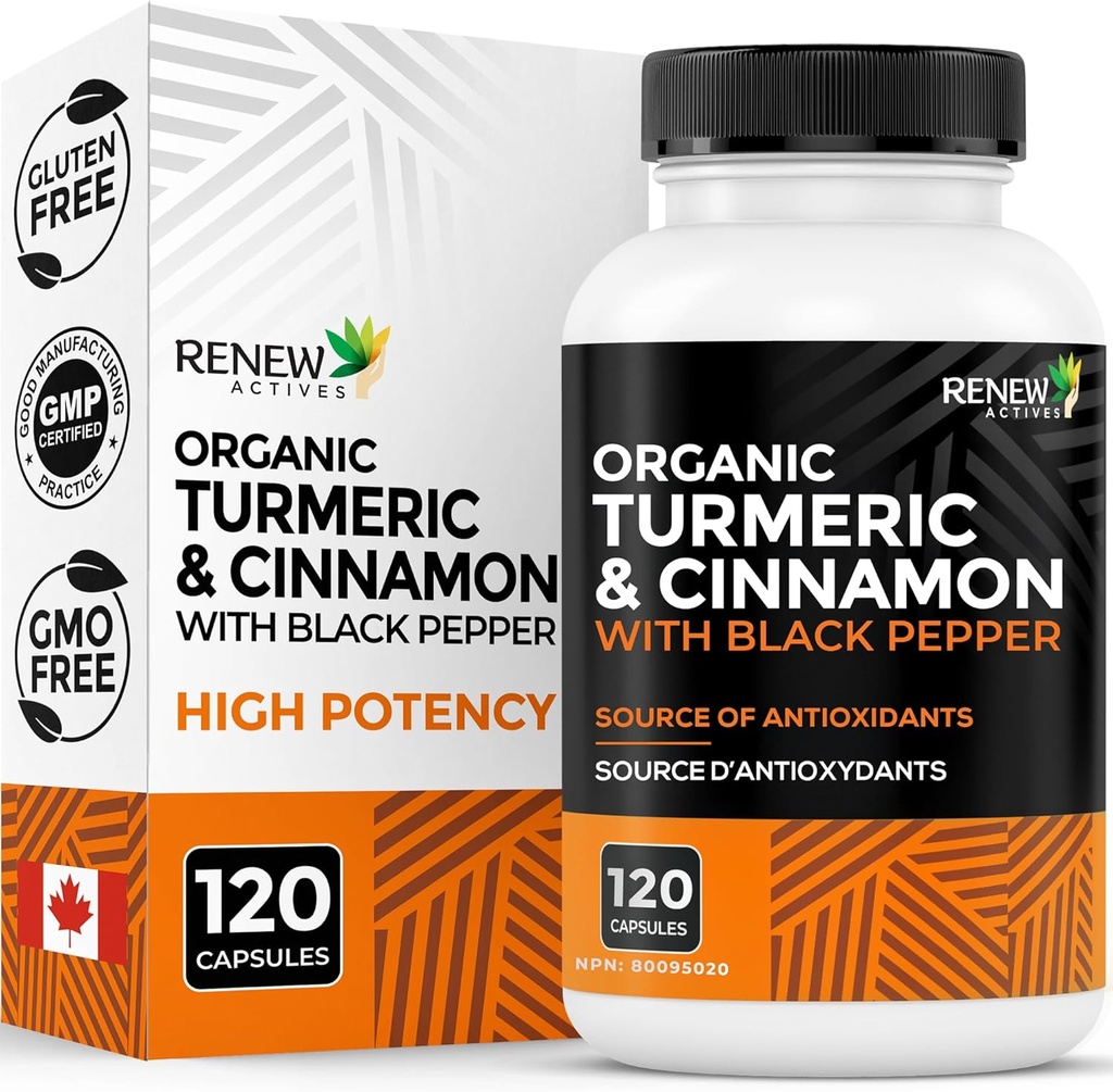 Renouveler les actifs Turcuma biologique 474MG & cannelle 50MG par 2 capsules – avec Curcumine & BioPerine pour l'absorption – soutient le métabolisme, la santé et la digestion – Fabriqué au Canada – 120 capsules