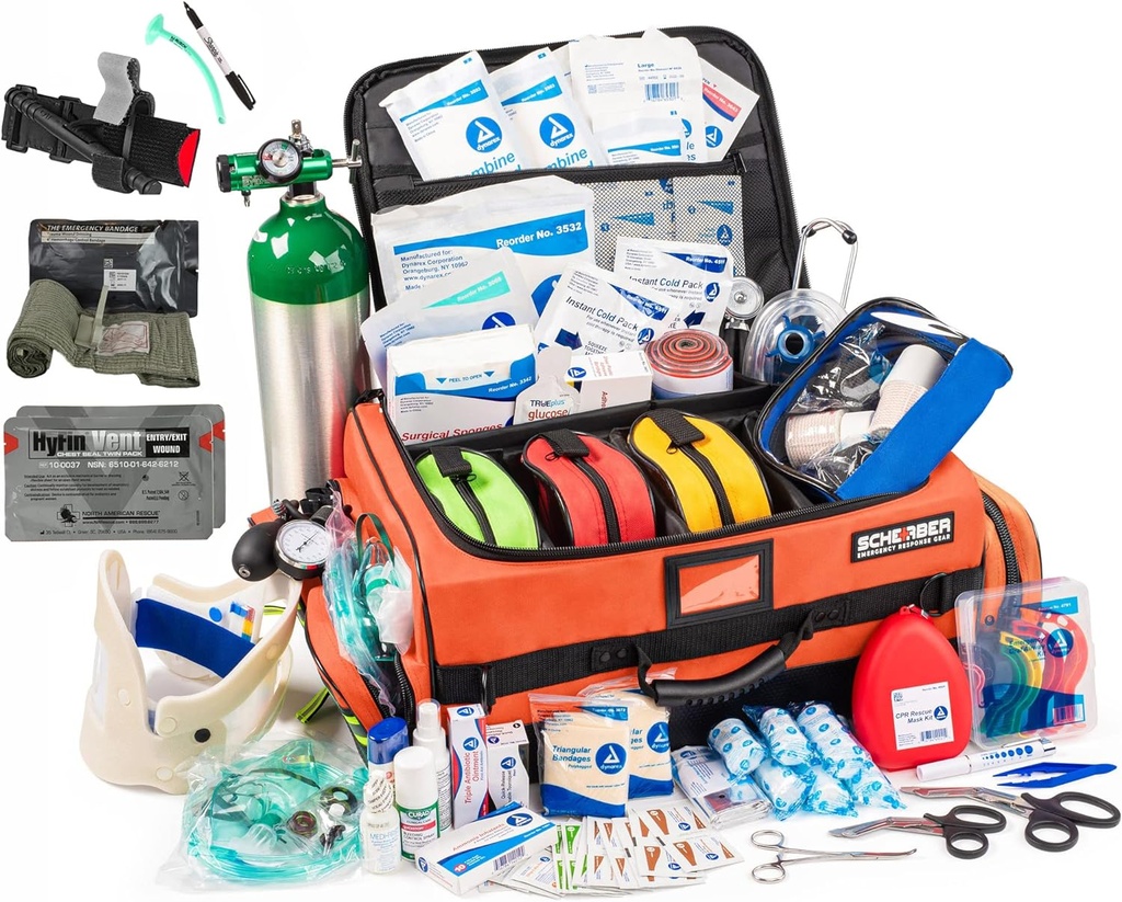 Scherber Fully-Stocked Premium First Responder Tasche | HSA/FSA genehmigt | Large Pro EMT/EMS Trauma, Bleeding & Oxygen Medical Kit | CAT Tourniquet, HyFin Chest Seal & 260+ First Aid Supplies (Orange)