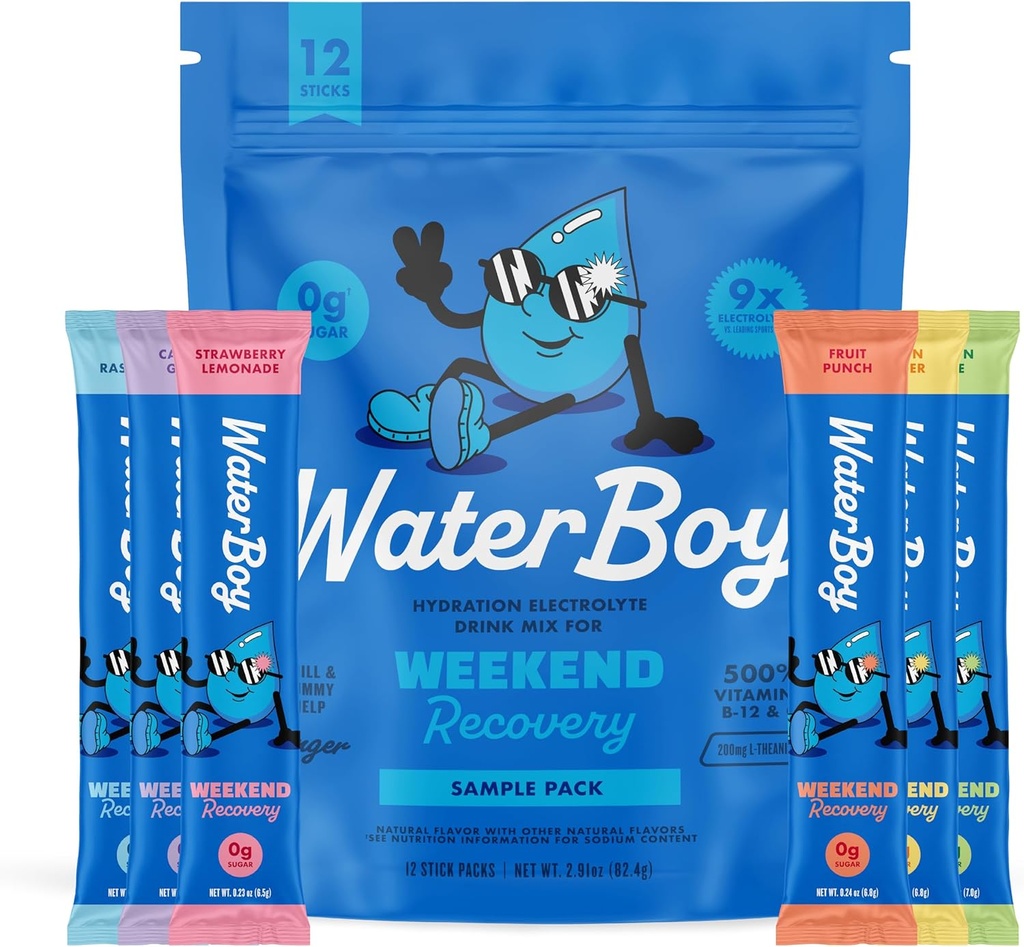 Waterboy Weekend Recovery Sample Pack | 3,200mg Elektrolyt-Pulver-Packets | Ginger + L-Theanin + Vitamine | Kein Zucker, Alle natürlichen, Glutenfreie | 12 Getränke-Stick-Mixe (Sample Pack)