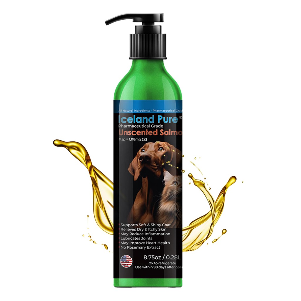 Iceland Pure Salmon Oil (huile de saumon pur) Qualité pharmaceutique non parfumée $ 1118mg d'oméga-3 par cuillère à café $ Complément alimentaire liquide pour chiens et chats $ BPA-Free en aluminium brossé bouteille enduit d'époxy avec pompe 8,75oz