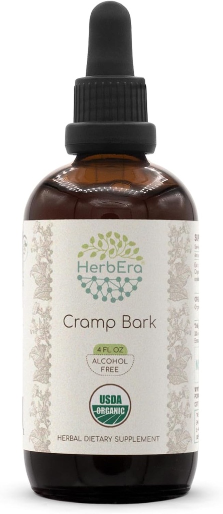HerbEra Cramp Bark B120 USDA Organic Tincture | Alkoholfreier Extrakt, hochauflösende Kräutertropfen | Certified Organic Cramp Bark (Viburnum Opulus) Getrocknete Bark (4 fl oz)