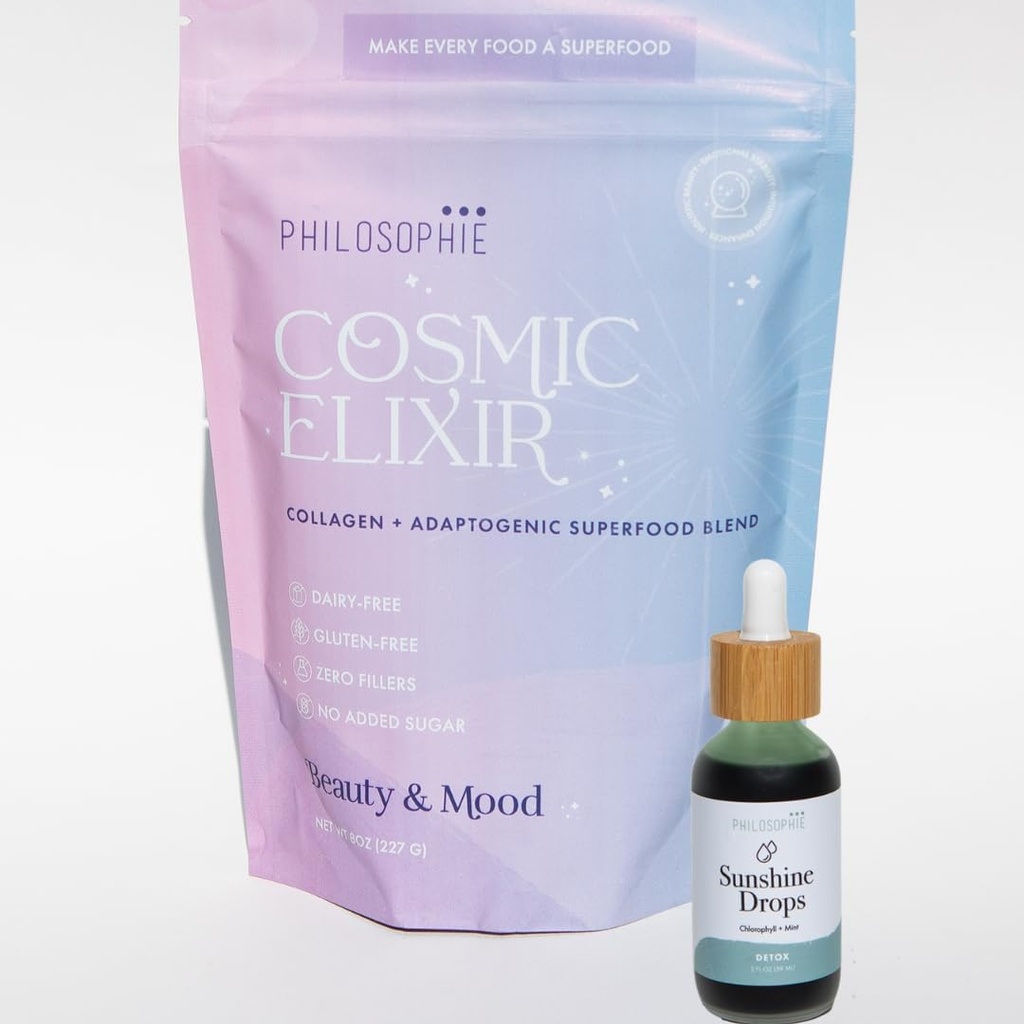 Philosophie Sunshine Drops & Cosmic Elixir Bundle - Liquid Chlorophyll & Superfood Powder Blend - Tous les produits naturels à base de plantes 2pack