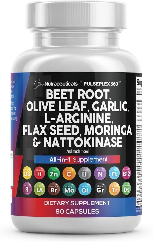 Saubere Nutraceuticals Beet Root Capsules Olive Blatt Nattokinase Knoblauch Extrakt L-Arginin Omega 3 Red Yeast Rice Hibiscus Danshen - Healthy Support Supplement - 90 Ct
