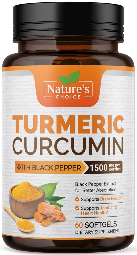 Supplément curcumin curcumin curcuma 1500mg - Extrait de poivre noir BioPerine Absorption avancée Curcuminoïdes pour le soutien conjoint de la nature - Supplément à base de plantes antioxydante pour les femmes et les hommes, non-OGM - 60 Softgels