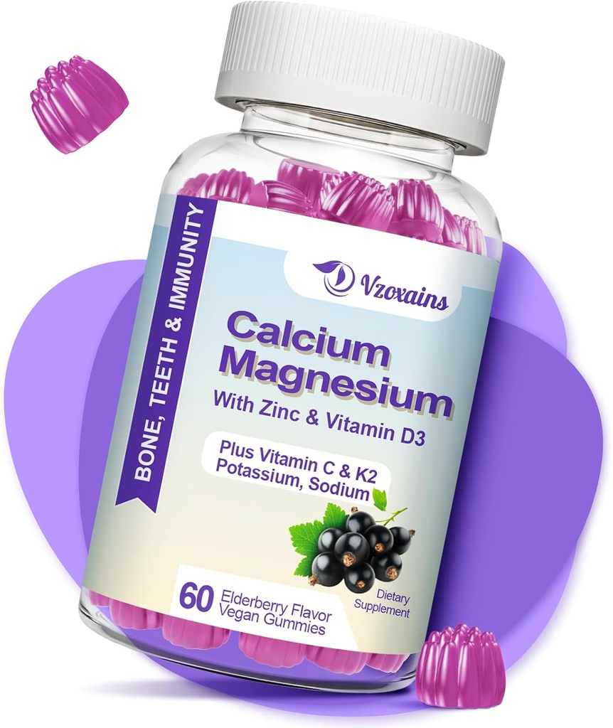 Hohe Absorption Calcium-Gummi-Gummi-Ergänzung mit Kalium-Vitamin D3 für B0ne & Zähne Kraft, Muskel-Funktion - Vegan, Elderberry Flavor 60 Cts