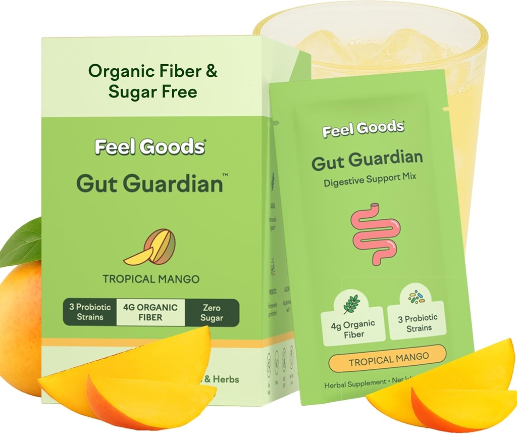 Feel Goods Gut Guardian, Organic Fiber, Probiotic & Prebiotic Powder, Sugar Free, Kräuter für Bloat, Gut Health Support, Verdauungsgesundheit für Männer und Frauen, Non GMO, Vegan, Tropical Mango, 15 Portionen