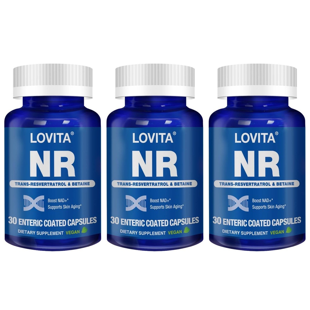 Lovita NR (Nicotinamide Riboside) 350 mg, supplément NAD avec trans-résvératrol et bêtaine, promouvoir les niveaux NAD Plus, le vieillissement en santé, 30 capsules entériques véganes (paquet de 3)