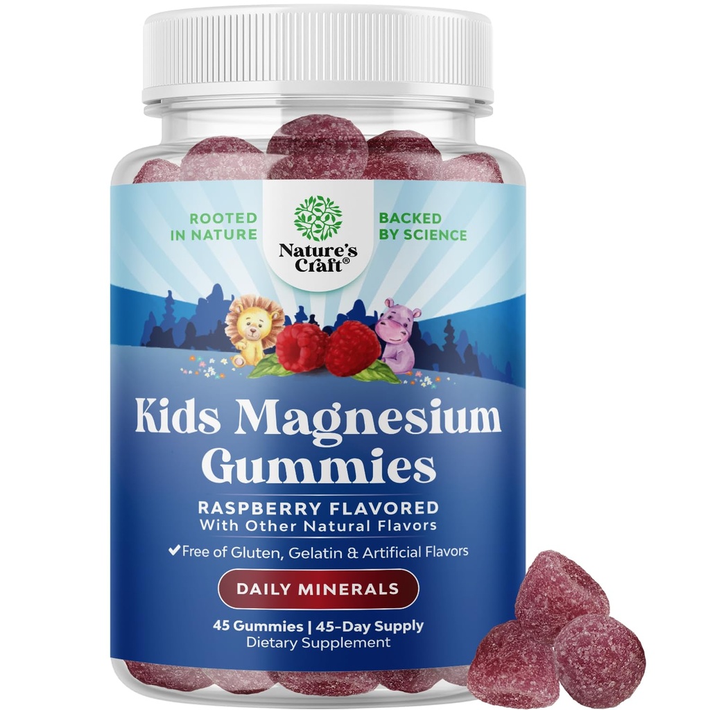 Kinder Magnesium Gummi - Beruhigen Sie sich Mg Citrate Supplement mit Himbeer Geschmack - Beruhigen Sie Magnesium Supplement für Nerve Gesundheit Muskeln & Herz Unterstützung - Mag Citrate Gummies - 45 Count Pack