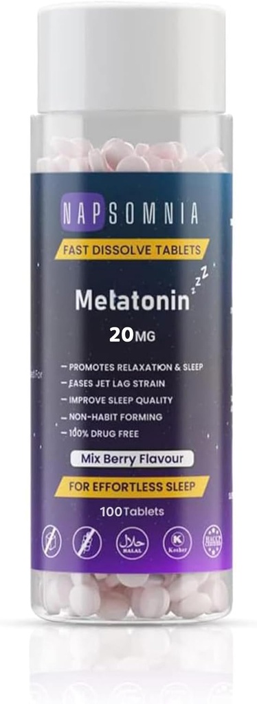 Melatonin Fast Dissolve Tablets – Mix Berry Chewable Melatonin Tablets - Non-Habit-Forming Melatonin Schlafhilfe für Erwachsene - Sugar Free Melatonin Tablets für restful Sleep | 20 MG (100)