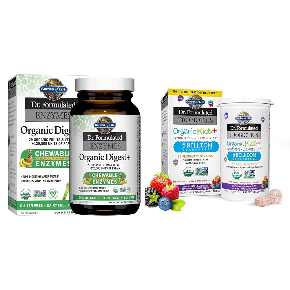 Jardin de la vie Dr Enzymes digestifs formulés avec Papaine, Bromelain et Dr. Probiotiques préparés Bio Kids+ Plus Vitamine C & D - Berry Cherry