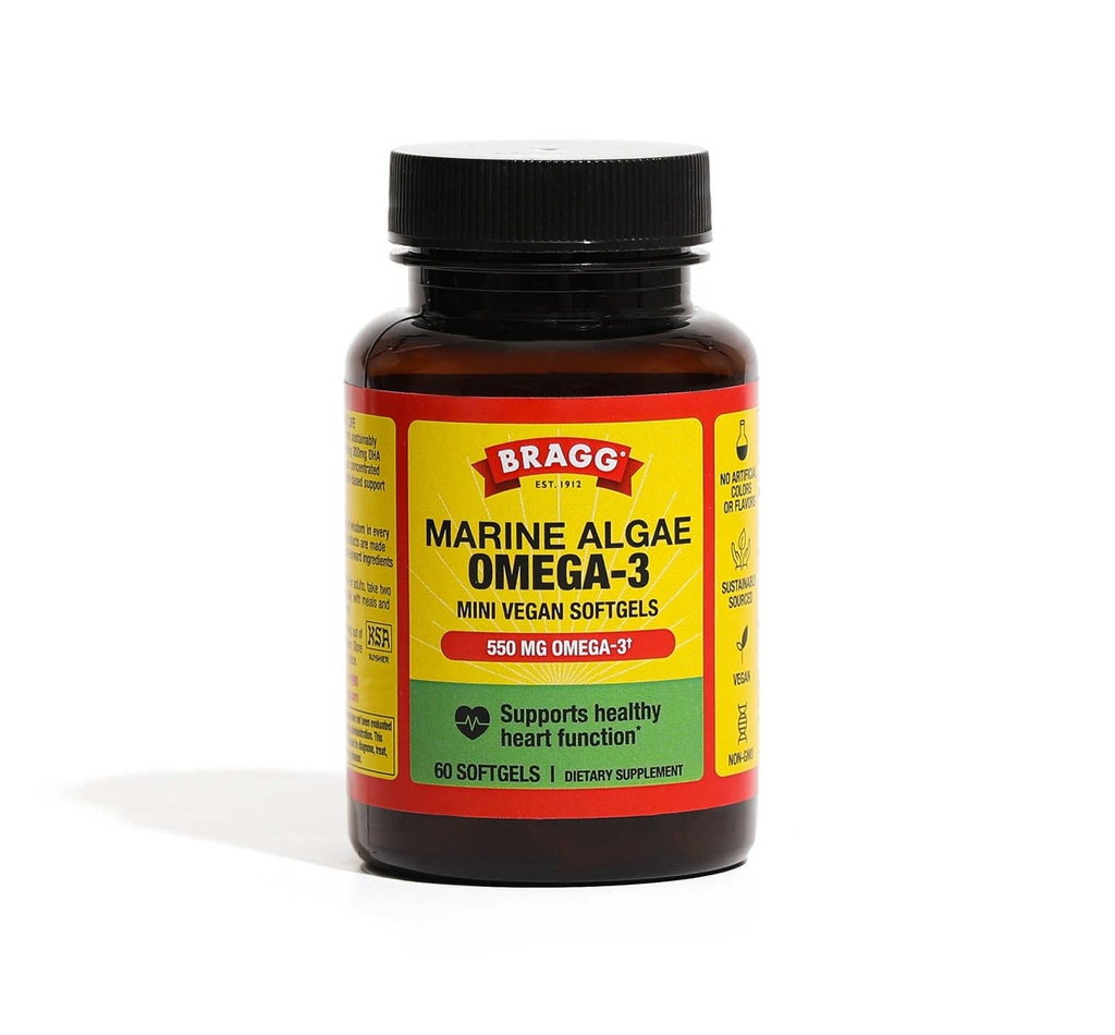 Bragg Omega-3 Supplement Kapseln mit DHA und EPA - 60 Vegan Softgels - Sustainable-Sourced Marine Algae - Unterstützt Augen- und Hirngesundheit