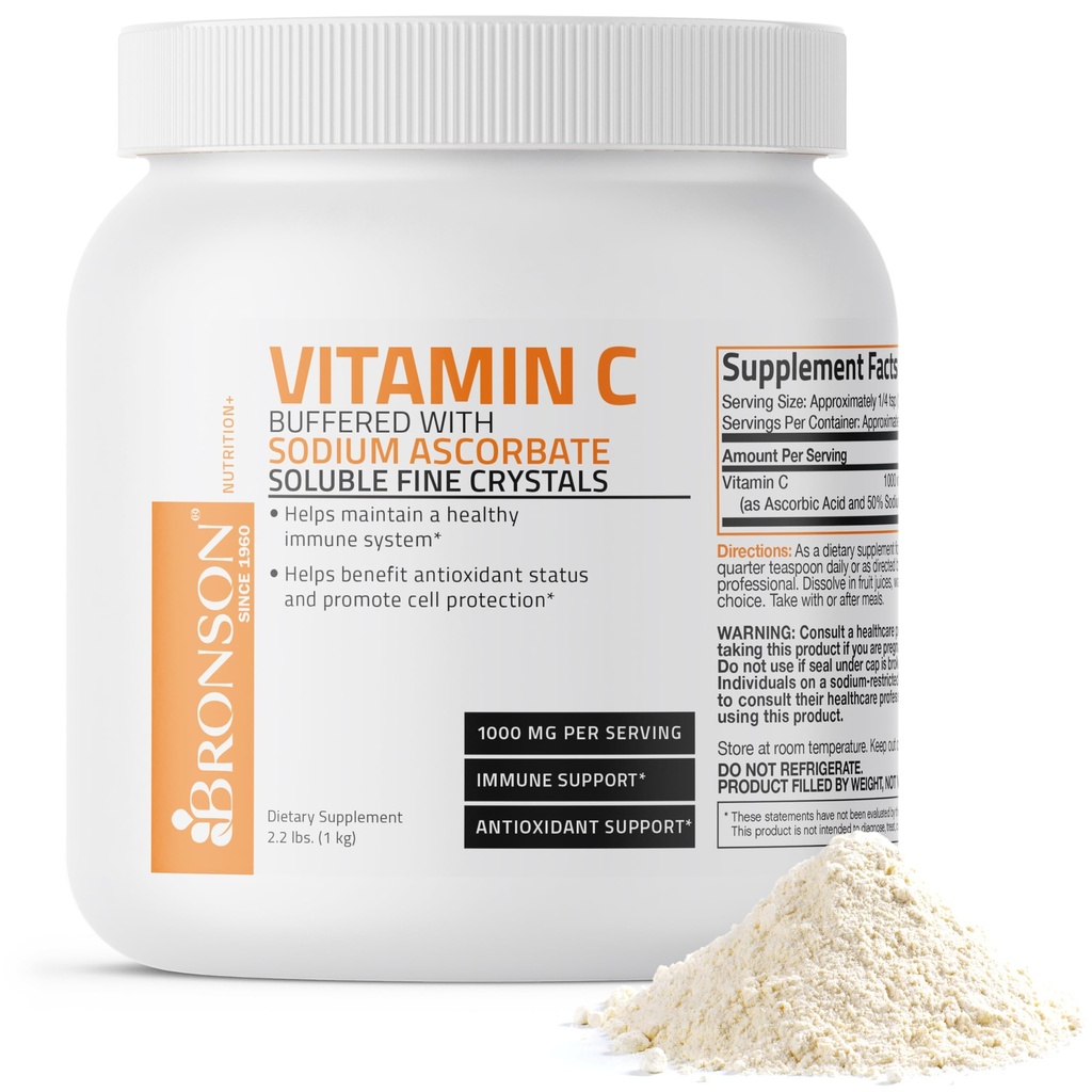 Bronson Poudre de vitamine C tamponnée Acide ascorbique tamponné de cristaux fins solubles d'ascorbate de sodium – favorise un système immunitaire sain et une protection cellulaire – puissant antioxydant - 1 kilogramme (2,2 lbs)