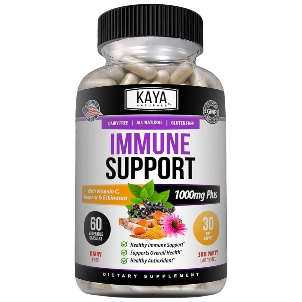 Kaya Naturals Elderberry Immununterstützung, Elderberry mit Zink und Vitamin C für Erwachsene Vitamine, Probiotics & Turmeric 1000mg Immunsystem Booster Sambucus Capsules - 60 Count