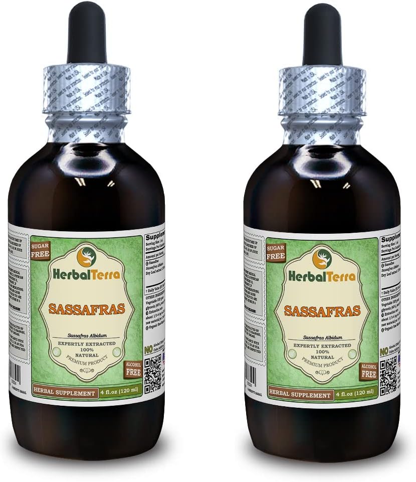 Bio Sassafras (Sassafras Albidum) Glycerit, getrocknete Blätter Alkoholfreier Flüssigextrakt (Markenname: HerbalTerra, Proudly Made in USA) 2x4 fl.oz (2x120 ml)
