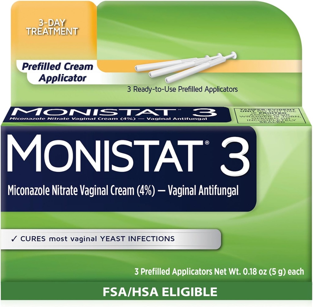 Monistat 3 jours traitement de l'infection des levures pour les femmes, 3 applicateurs de crème préremplie Miconazole, 1 paquet