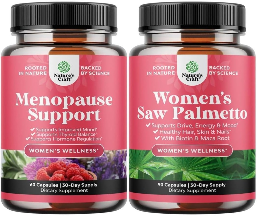 Bundle Menopause Supplement for Night Sweats, Hot Flashes & Mood Swings mit Dong Quai, Chaste Berry & Black Cohosh Root und Saw Palmetto für Frauen 500mg DHT Blocker mit Maca Root & Biotin