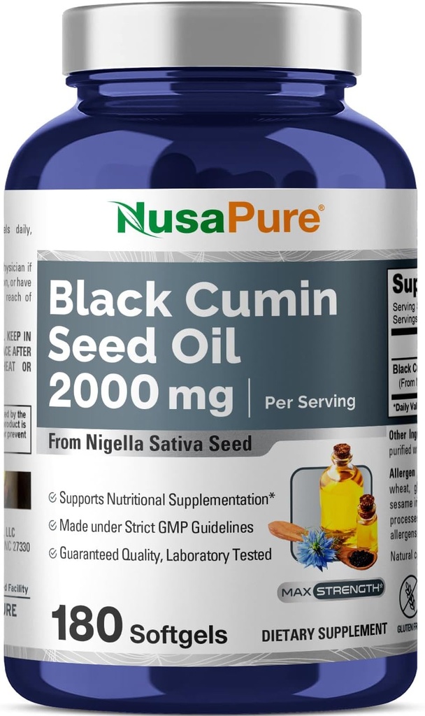NusaPure Black Seed Oil 2000mg pro Servierung - 180 Softgel Caps (Non-GMO, Gluten-Free) Kaltgepresste Nigella Sativa