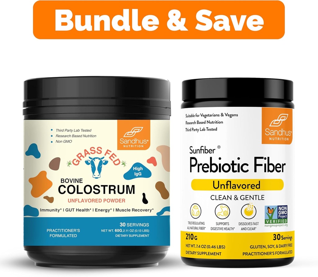 Sandhu's Pure Bovine Colostrum Powder Supplement für Menschen 30 Servierungen & Prebiotic Fiber Supplement Powder| unterstützt Immun-, Gut-, Verdauungs- und Colon-Gesundheit
