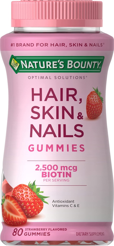 Nature's Bounty Optimal Solutions Hair, Skin & Nails Vitamin Gummis mit Biotin, 2500 mcg, Erdbeere, 80 Count, 40 Gesamt Servietten