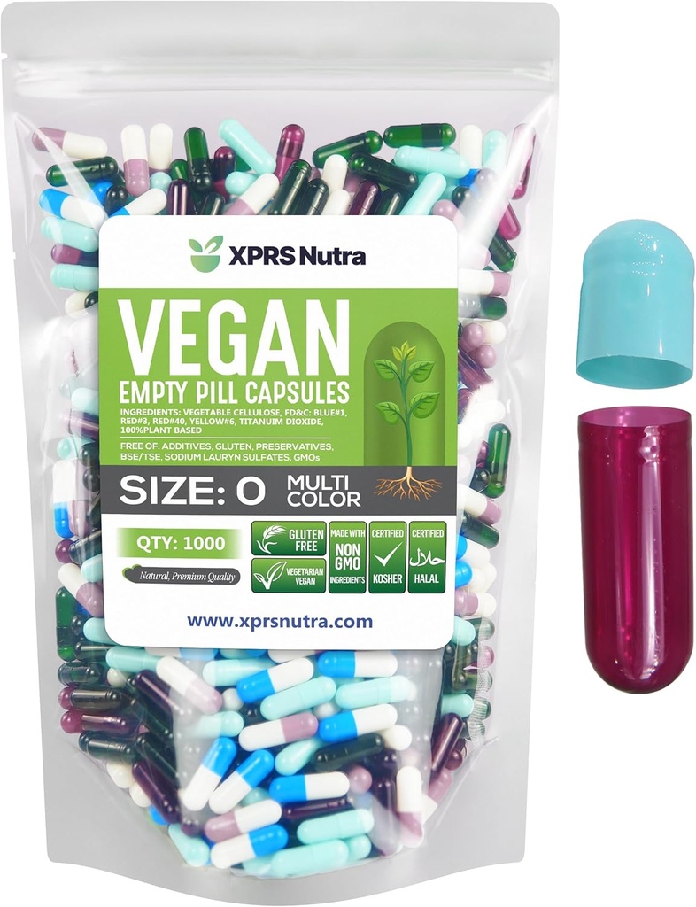 XPRS Nutra Taille 0 Capsules vides - 1000 Compte Capsules vides de végétalien - Pilules végétariennes- Garniture de gélules végétales- Bouchons de pilules veggie pour les suppléments Do-It-Youlf (Multi Color)