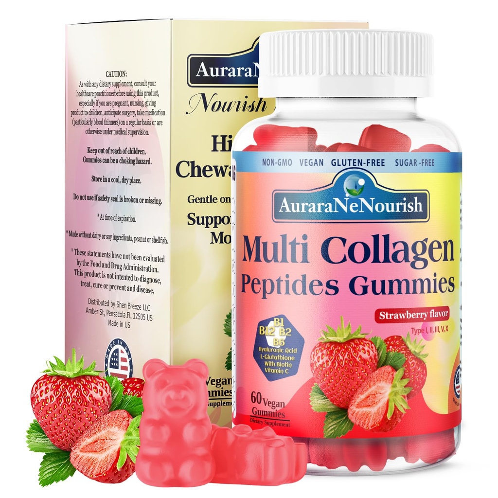 Multi Collagen Peptide Gummie, Sugar Free Hydrolyzed 5000mg Protein behandeltType I,II,III,V,X mit Biotin Hyaluronsäure Vitamin C A D B6 B12 L-Glutathion für Haut Haar Nagel Joint Bone -Strawberry Gummis