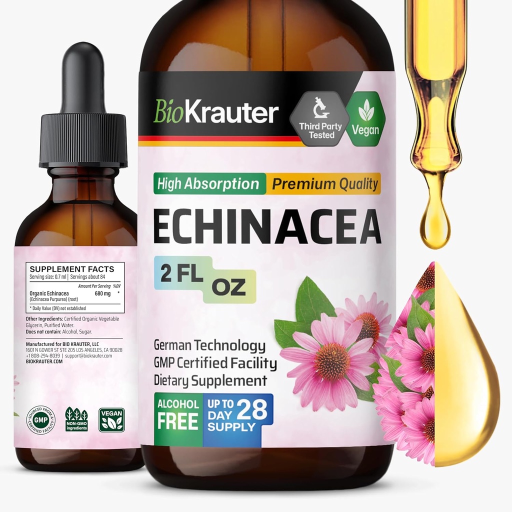 BIO KRAUTER Teinture d'échinacée - Soutien naturel immunitaire - Supplément d'échinacée - gouttes sans végétalien, alcool et sucre - 2 Fl.Oz.