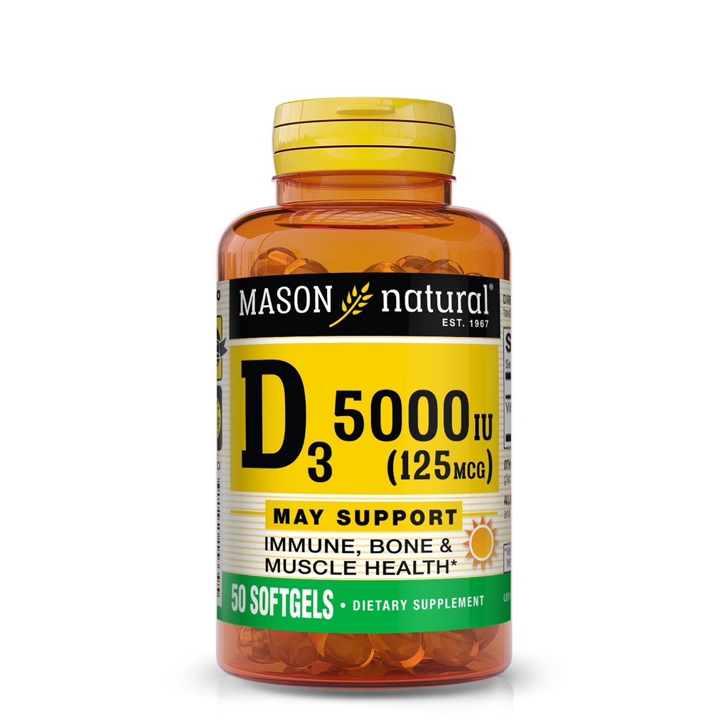 MASON NATURAL Vitamin D3 125 mcg (5000 IU), unterstützt Knochen, Muskel- & Immun-Gesundheit, von Fisch Leberöl, 50 Softgels, Packung von 3