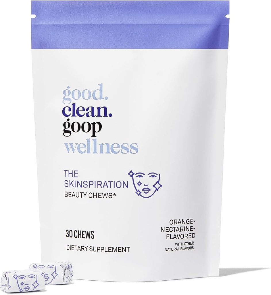 good.clean.goop Wellness The Skinsspiration Beauty Chews (en anglais seulement) Complément alimentaire pour la peau glorieuse (en anglais seulement) Vitamine E & Niacin (en anglais seulement) Orange Nectarine Flavored (en anglais seulement) Améliore la routine de soins de la peau (en anglais seulement) Pack de 30 Chews (en anglais seulement) Vegan