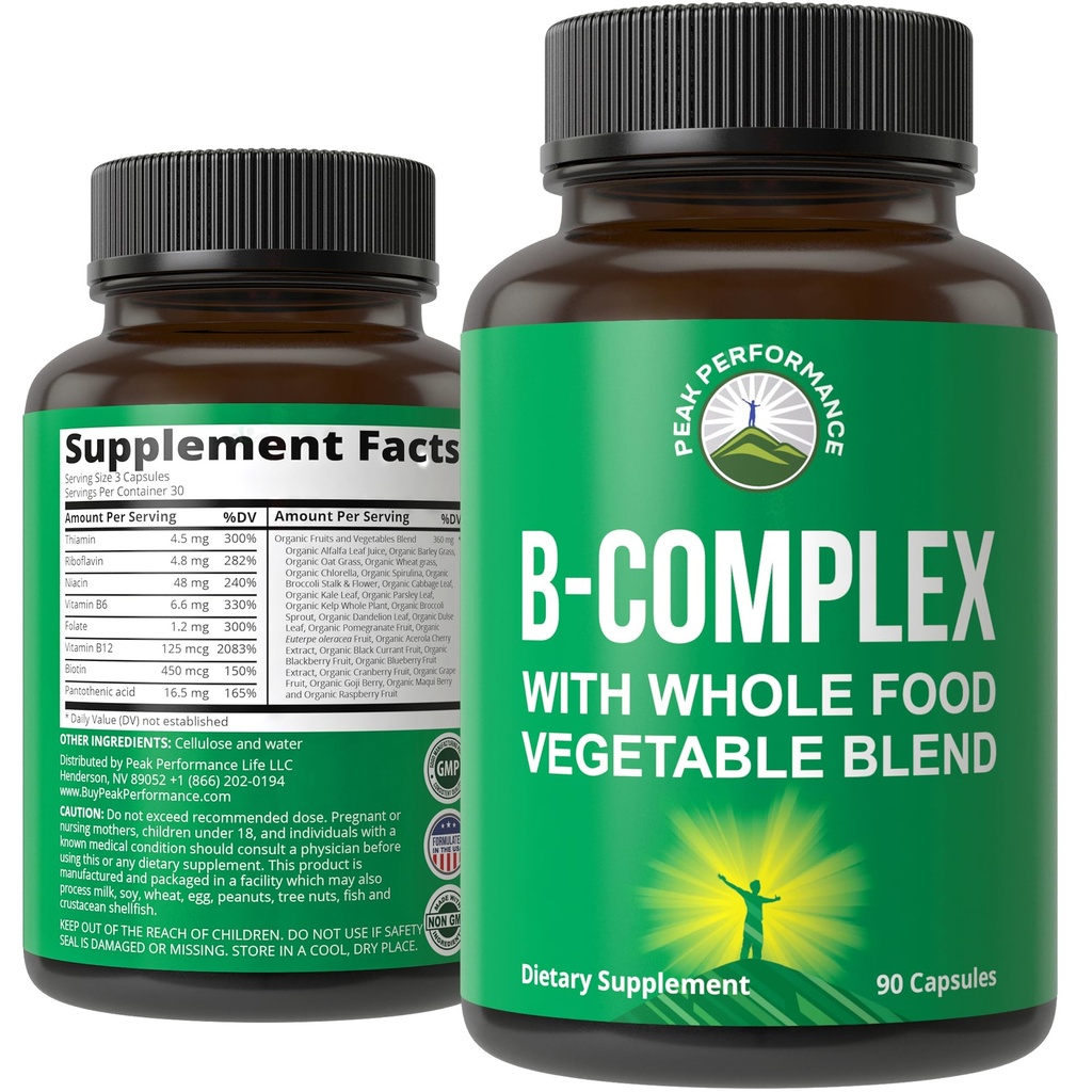 Vitamin B Komplex Kapseln + Ganze Nahrungsmischung von 25 Gemüse und Früchte für die maximale Absorption. Beste Vegan B-Komplex Ergänzung mit Vitamin B1, B2, B3, B5, B6, B7, B9 und B12. 90 Kapseln. Energieeinsparung
