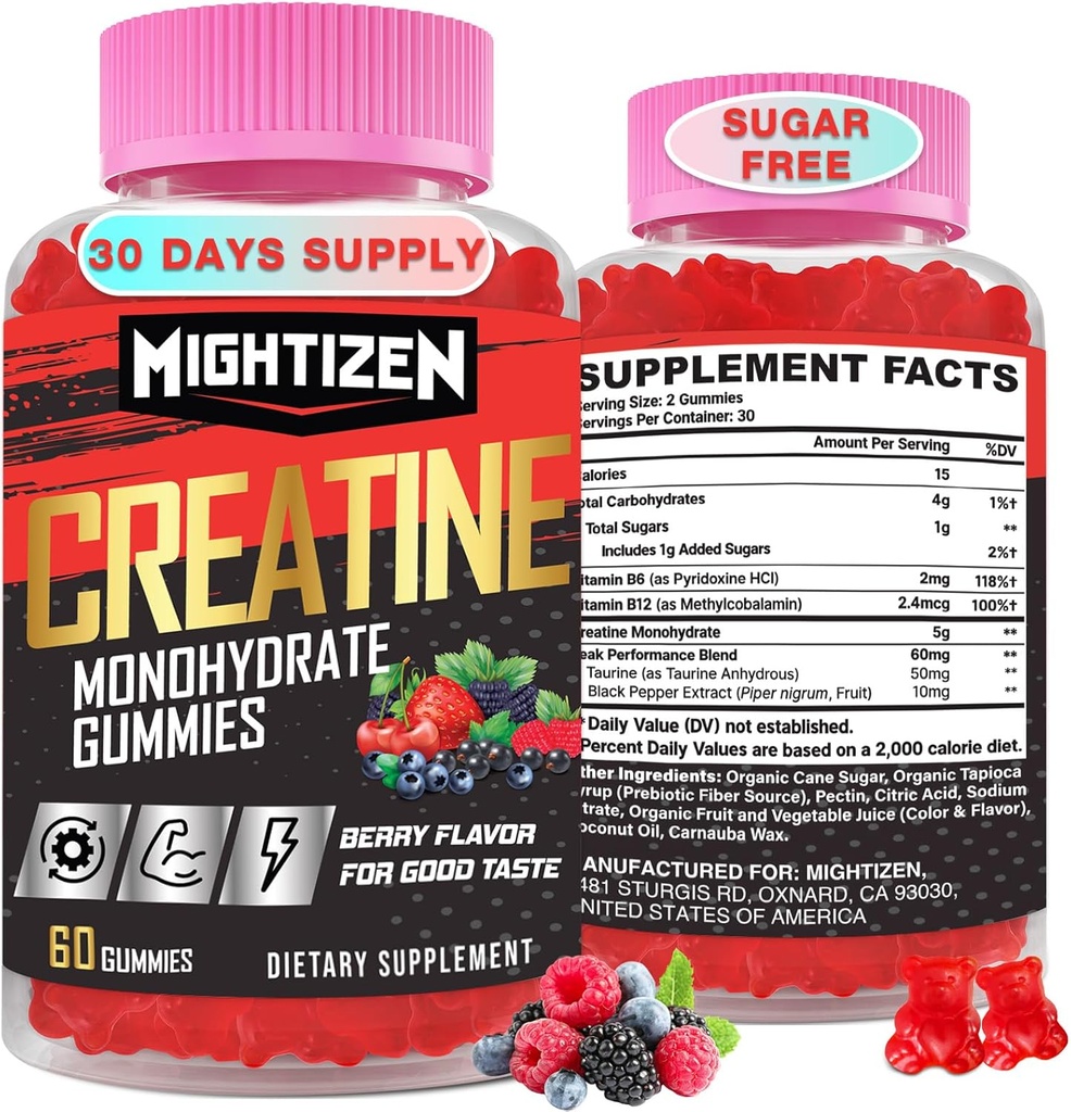Kreatin Monohydratgummis für Herren & Frauen, Kreatin für Damen Kaugummis Creatine Monohydrate mit Taurine & Vitamin B12, Pre-Workout Gummis für Max Strength, Energy & Endurance, Berry 60 Zähler