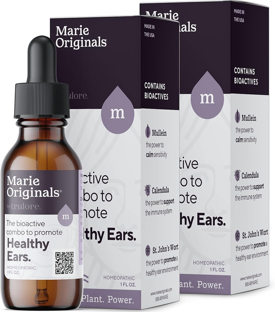 Marie Originals Natural Ear Oil Drops | Mullein Knoblauch Öl Ohr Tropfen für Infektionen Prävention, Kräuterohr Erzielen Tropfen für Erwachsene, Kinder & Haustiere, Beruhigt Ohr Schmerz & Wachs Entfernung, Earache Heilmittel (2 Pack)