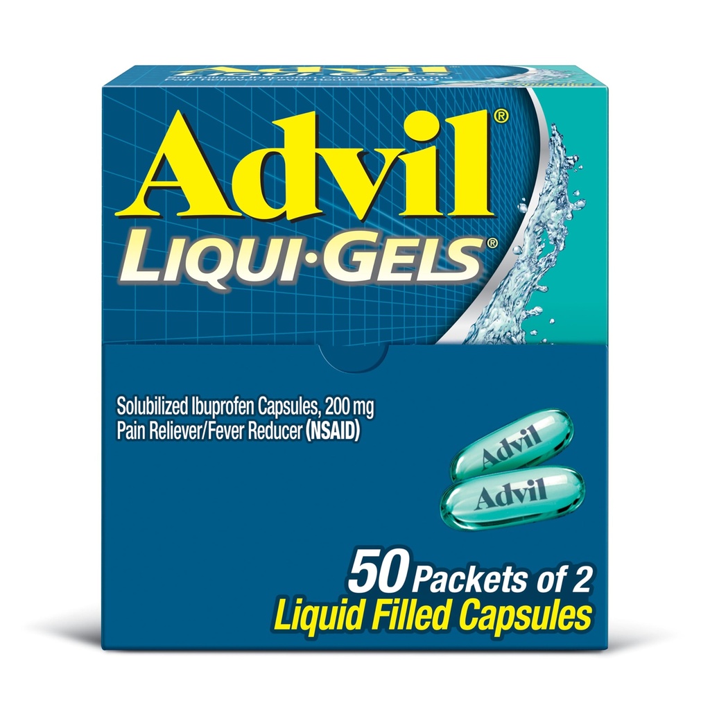 Advil Liqui-Gels analgésique et réducteur de fièvre, médicament pour la douleur pour adultes avec l'ibuprofène 200mg pour les maux de tête, les maux de dos, la douleur menstruelle et le soulagement de la douleur articulaire - 50x2 Capsules remplies liquide